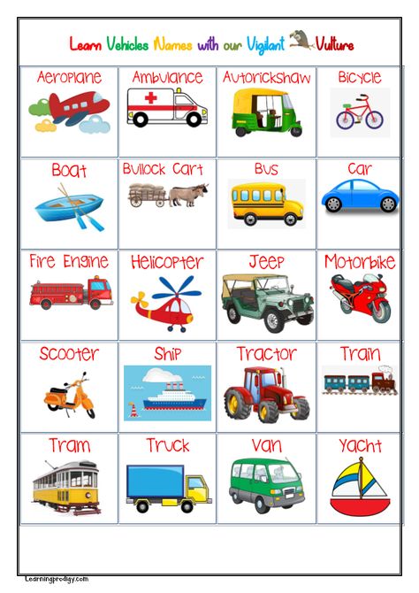 Vehicles Chart Can we all imagine a word without vehicles. More than comfort now having a vehicle has become a necessity. Vehicle is something with engine, motor and tire, which is used for moving people and goods from one place to another.  Generally,  the term vehicle is used for land transport alone, but we include everything which is used for transportation as vehicles. . . . Explore learningprodiygy.com for more charts Transportation Vehicles Preschool, Transportation Chart Preschool, Land Transport For Kids, Land Vehicles Preschool, Means Of Transport Chart, Land Transportation Activities, Vehicles Preschool Activities, Land Transportation Preschool Activities, Vehicles Worksheet