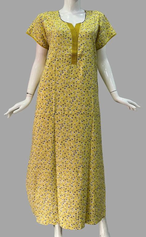 Yellow Floral Spun Free Size Nighty. A Line Nighty Design, Nighty Models Cotton, Nighty Designs Indian Cotton, Nighty Designs Indian, Cotton Nighty For Women, Nighty Design, Nighty Designs, Cotton Night Dress, Simple Kurta