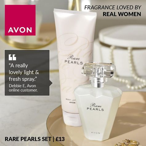 Blending lush greens, pearlescent flower and musk, Rare Pearls is one of my favourite fragrances. Get the perfume & body lotion set for only £13 - such a bargain! Order now 🌸 https://online.shopwithmyrep.co.uk/avon/beccajm03/