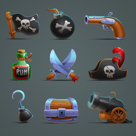 Pirate Icons on Behance Digital Art Icon, Pirate Items, Meat Logo, Mystical Castle, Pirate Props, Game Icon Design, Pirate Games, Props Concept, 2d Game Art