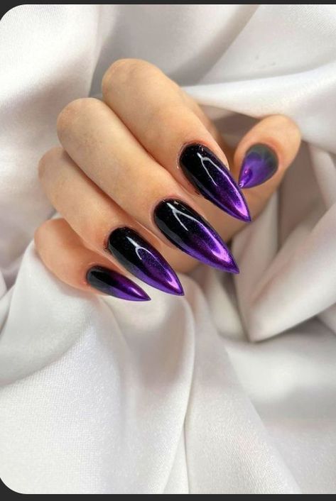 Black Nails With Purple Tips, Halloween Pointy Nails, Black And Blue Glitter Nails, Purple Nails With Black Tips, Purple Snake Nails, Maleficent Nails Designs, Dark Purple Nails With Design, Deep Purple Nails Design, Dark Purple And Black Nails