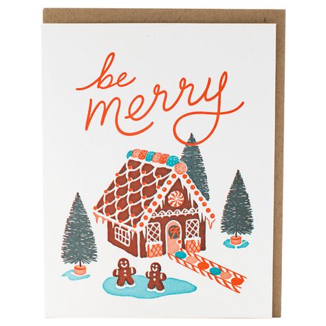 Spread the cheer with this letterpress-printed holiday card. Featuring a delightful gingerbread house illustration, it's the perfect way to show your loved ones that you care! front greeting be merry inside greeting blank format 4.25 x 5.5 inches, folded (A2) printing letterpress printed in our Acton, MA studio paper FSC-certified cover made from 100% post-consumer waste envelope kraft origin USA item no. TTH2563 / TTH2563BOX Gingerbread House Illustration, Gingerbread Cards, Fun Holiday Cards, White Christmas Movie, Christmas Card Illustration, Christmas Card Art, House Illustration, Be Merry, Merry Christmas Card