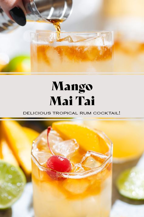 This Mango Mai Tai is a tropical mango twist on the classic cocktail with two kinds of rum and homemade mango syrup! It's the perfect summer cocktail! You can serve it at pool parties, BBQs, or just any time you want to feel like you're on at a beach vacation! The recipe also includes a mocktail version so that the whole family can enjoy it! Mango Mai Tai Recipe, Mango Mai Tai, Mai Tai Cocktail Recipes, Peach Banana Smoothie, Datil Pepper, Mai Tai Cocktail, Mango Cocktail, Lemon Smoothie, Pineapple Margarita