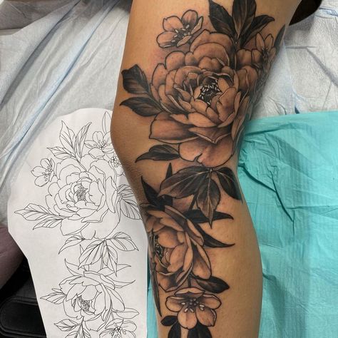 Peonies Cover Up Tattoo, Peony Tattoo Shading, Peonies Tattoo Leg, Floral Leg Piece, Peony Leg Sleeve Tattoo, Peony Tattoo Leg, Dark Peony Tattoo, Peony Leg Tattoo, Peony Knee Tattoo