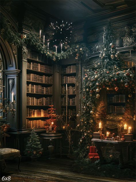 Victorian Christmas Library Photography Backdrop - Victorian-style library decorated for Christmas with garlands Faerie Bedroom, Rustic Library, Library Room Decor, Dark Academia Christmas, Library Photography, Dark Faerie, Christmas Library, Library Space, Christmas Home Decorations