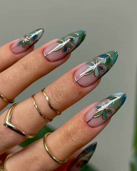 Mosaic Nail Art, Gold Chrome Tips, Glossy Nude Nails, Nails With Gold Chrome, Really Teal, Nude Nails With Gold, Mosaic Nails, Stained Glass Nails, Chrome Tips