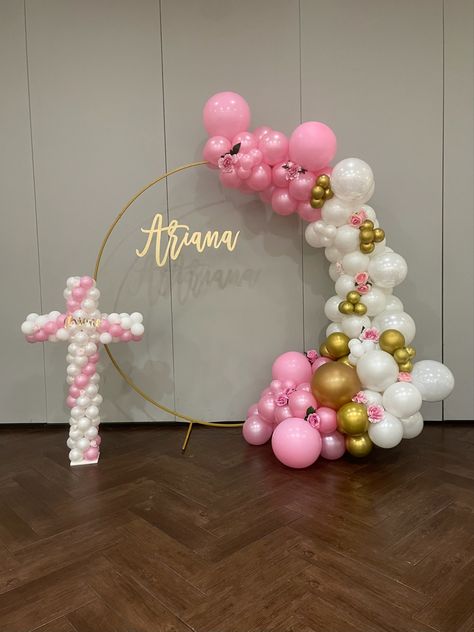 Communion Balloon Arch, Communion Balloon Decor, First Communion Balloon Garland, Communion Decorations Girl, Baptism Backdrop Girl, First Communion Pink And Gold, Confirmation Party, Circle Garland, First Communion Decorations