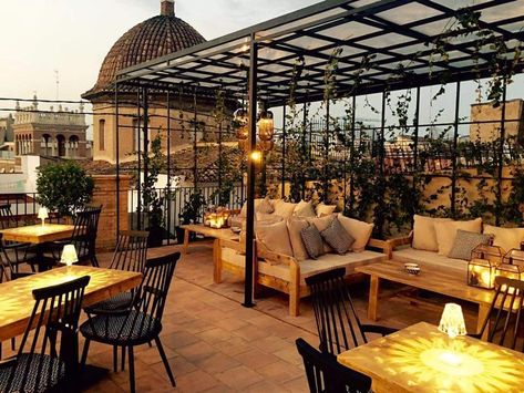 Find the best spot to enjoy the view with a drink in hand on your trip to Valencia, Spain Rooftop Bar Design, Outdoor Restaurant Patio, Rooftop Restaurant Design, Outdoor Restaurant Design, Rooftop Design, Restaurant Patio, Best Rooftop Bars, Rooftop Bars, Rooftop Restaurant