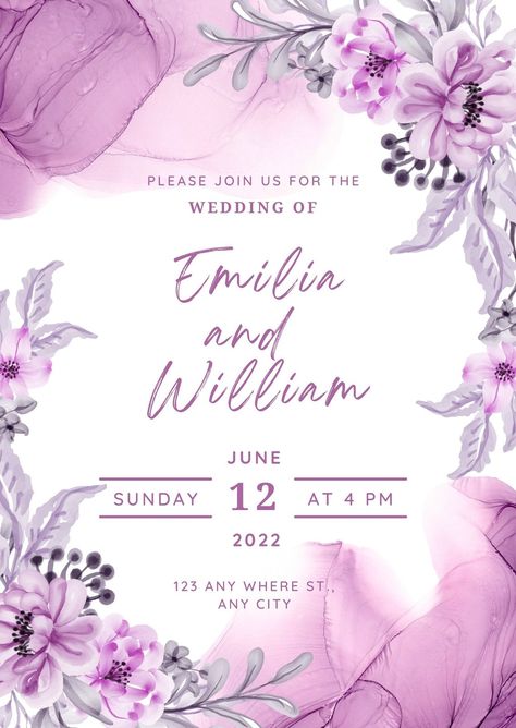 Wedding Invitation Purple Flower Watercolor - Templates by Canva Purple Flower Watercolor, Wedding Invitation Purple, Watercolor Templates, Boho Watercolor, Engagement Card, Purple Wedding Invitations, Printable Invitation Templates, Marketing Business Card, Engagement Ceremony