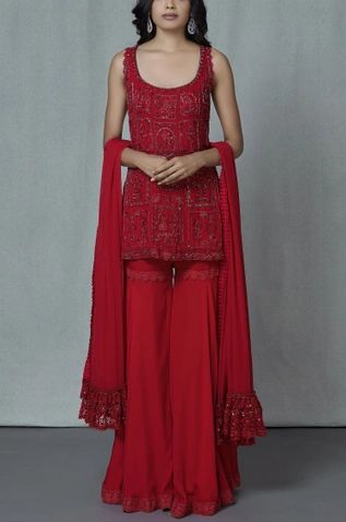 Red Sharara Outfit, Spaghetti Strap Sharara, Kurta Plazo Set, Red Sharara Suit, Red Sharara, Sharara Designs, Kurta Sharara Set, Desi Outfits, Trendy Outfits Indian