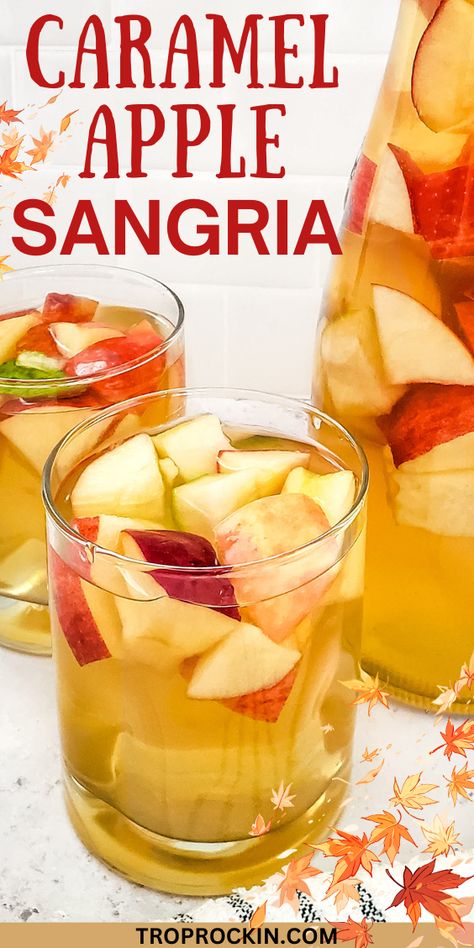 A delicious mix of caramel, apple and white wine. Perfect for a Thanksgiving Sangria. Cheers! Apple Sangria Recipes, Wine Sangria Recipe, Thanksgiving Sangria, Apple Cider Sangria Recipe, Fall Sangria Recipes, Moscato Sangria, Caramel Apple Sangria, White Wine Sangria Recipe, Sangria Pitcher