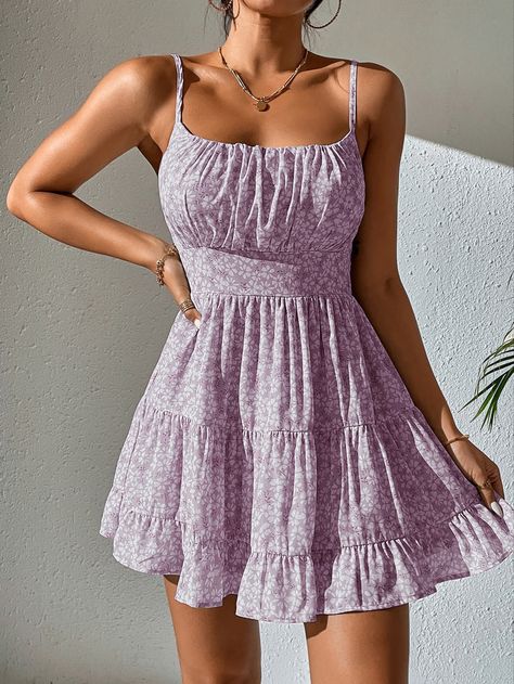 Dresses With Shirring, Summer Dress Purple, Floral Pattern Outfit, Purple Dresses Casual, Short Summer Dress Outfits, Cute Casual Dresses For Summer, Cute Short Dresses Casual, Cute Short Summer Dresses, Summer Dress Ideas Casual