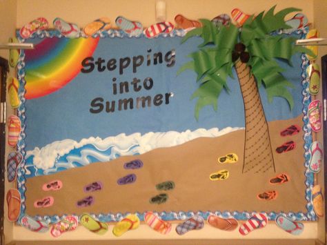 Summer bulletin board infant footprints on paper flip flops Flip Flop Into Summer Bulletin Board, Summer Bulletin Boards For Toddlers, Infant Summer Bulletin Boards, Summer Classroom Window Ideas, Summer Display Board Nursery, Beach Bulletin Boards, Daycare Bulletin Boards, Toddler Bulletin Boards, June Crafts