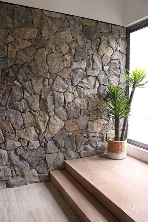 Stone Wall Living Room, Stone Cladding Exterior, Brick Wall Living Room, Stone Fireplace Wall, Cladding Exterior, Stone Homes, Stone Walls Interior, Loft House Design, Stone Accent Walls