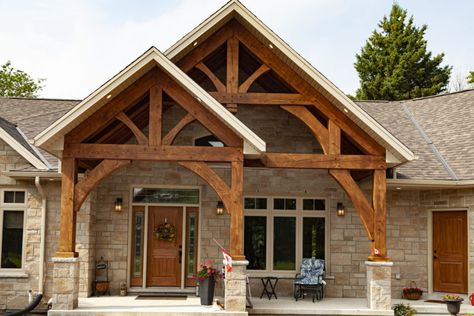 Timber Frame Porch Front Entry, Gables On House Exterior, Gable Roof Porch, Porch Gable, Timber Frame Houses, Porch Beams, Timber Frame Porch, Timber Frame Design, House Front Porch