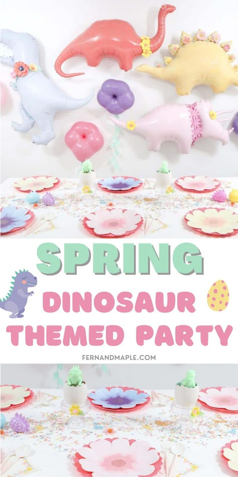 See the softer side of dinosaurs in this Pastel Spring Dinosaur Party! With ideas for DIY backdrop, centerpieces, place settings and more! Get details now at fernandmaple.com! Girly Dinosaur Birthday Party, Dino Party Centerpiece Diy, Pastel Dino Party, Girls Dinosaur Birthday, Three Rex Girl Birthday Party, Dinosaur Party Centerpieces, Birthday Party Centerpieces Kids, Dinosaur Princess Party, Dinosaur Tea Party Birthday