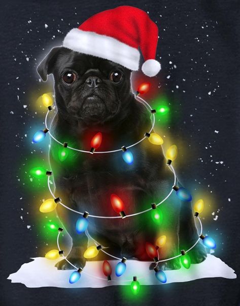 Pug Christmas Drawing, Christmas Pug Wallpaper, Pug Christmas Decorations, Dog In Santa Hat, Dog With Christmas Hat, Christmas Pug, Pug Christmas, Holiday Pics, Pug Art