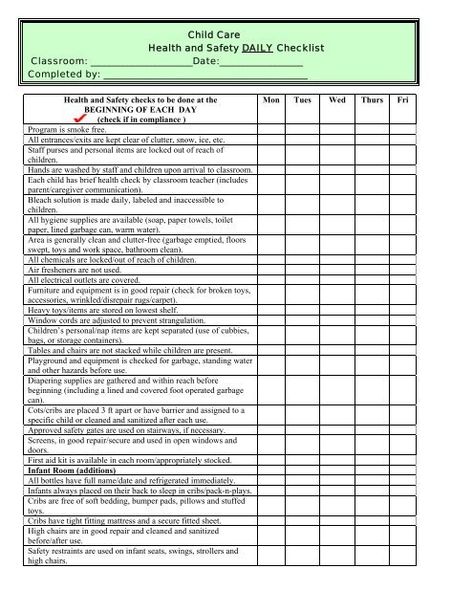 Child Care Health and Safety DAILY Checklist Classroom ... Daycare Checklist, Daily Checklist Printable, Cleaning Checklist Template, Safety Checklist, Children Health, Pharmacology Nursing, Health Activities, Center Signs, Nursing School Tips