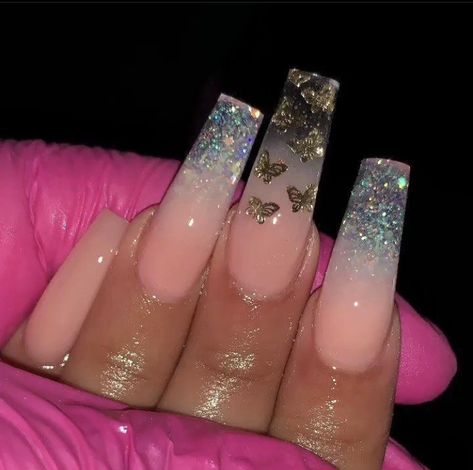 Nayelly Nails, Nail Design Glitter, Clear Acrylic Nails, Glitter Nails Acrylic, Ombre Nails Glitter, Ombre Acrylic Nails, Gold Nail, Cute Acrylic Nail Designs, Nails Polish