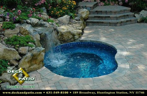 small backyard this spool is the perfect solution, decks, outdoor living, patio, pool designs, spas, Spool with waterfall Pools With Waterfalls, Inground Hot Tub, Spool Pool, Inground Spa, Small Swimming Pool, Cocktail Pool, Pools Ideas, Backyard Spa, Hot Tub Landscaping