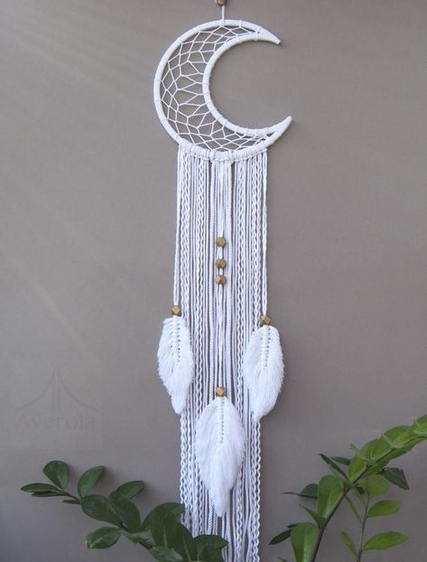 Moon Macrame, Atrapasueños Diy, Simpul Makrame, Dream Catcher Patterns, Dream Catcher Tutorial, Pola Macrame, Dream Catcher Decor, Moon Dreamcatcher, Crochet Dreamcatcher