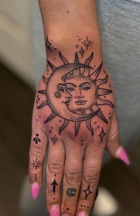 Hand Spiritual Tattoo, Spiritual Tattoos Hand, Hand Tattoos With Butterflies, Moon And Sun Hand Tattoo, Top Of Hand Tattoos For Women Unique, Arm And Hand Tattoos For Women, Women Hand Tattoo Ideas Unique, Cover Up Tattoos Hand, Moon Hand Tattoos For Women