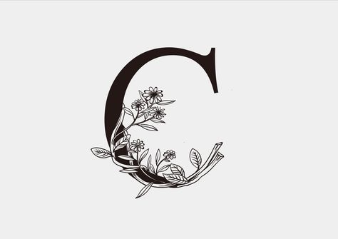 Floral Monogram Letter C combines with wild flowers. Floral Letters Drawing, Letter C Tattoo, Letters Drawing, Floral Monogram Letter, Monogram Tattoo, Flower Words, C Tattoo, Drawing Tattoo, Letter Monogram