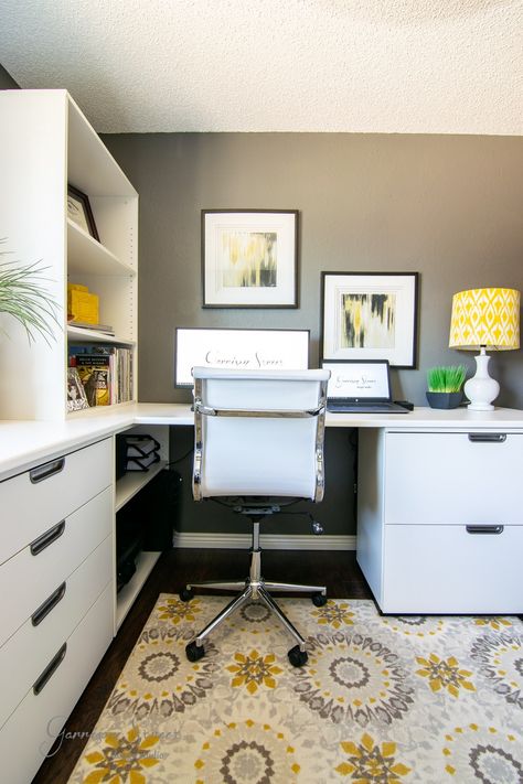 How Our Dual IKEA Home Office Saved Us | ©GarrisonStreetDesignStudio |  Ikea Hack | Before and After | Office Makeover | Home Office | Ideas | Design | Decor | DIY | Setup | For Two | White | Small | Home Office Ideas | On a Budget | Modern | Scandi | Work From Home | Built In | Storage | Gray | Yellow | Inspiration | Layout | Shared | Dual Office | Bedroom Office | Simple | Shelves | Study | Creative | IKEA | Desk | Workspace | Corner | Double | Grey | Minimal | Bright | Organized Ikea Home Office, Office Hacks, Bright Office, House Is A Mess, Ikea Office, Tank Pool, Ikea Desk, Ikea Bedroom, Stock Tank