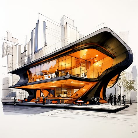 Building Designs, Minimalistic Architecture, Architecture Drawing Futuristic, Architectural Rendering Watercolor, Futuristic Architecture Concept Sketch, Cultural Architecture Concept, Vibrant Architecture Concept, Skyscraper Architecture Concept Design, Deconstructivism Architecture