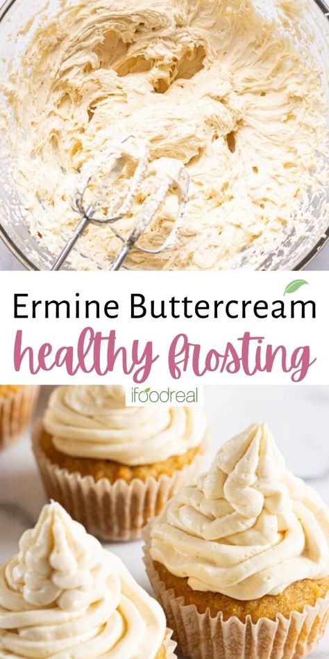 Light and fluffy, Healthy Buttercream Frosting is what any cake or cupcake needs to make it perfect. It's an ermine icing made with flour, sugar, milk and butter, whips up silky smooth and does not taste overly sweet! Ermine Icing, Cupcake Icing Recipe, Healthy Frosting, Healthy Chocolate Cake, Healthy Cupcakes, Desserts Cake, Sugar Frosting, Homemade Frosting, Buttercream Cupcakes