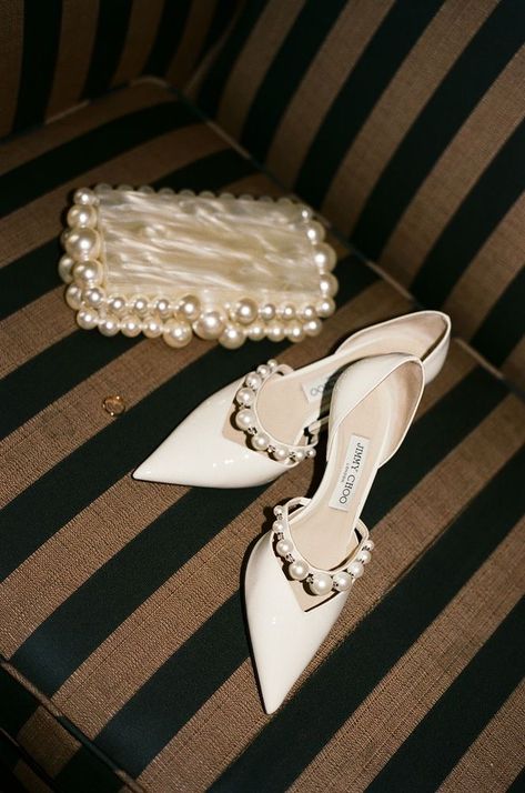 Luxurious Bags Collection, Pearl Wedding Accessories Brides, Wedding Heels Designer, Bridal Shower Heels, Old Money Wedding Shoes, Bridal Shoes Comfortable Wedding Flats For Bride, Wedding Shoes With Pearls, Wedding Shoe Photography, Designer Bridal Shoes