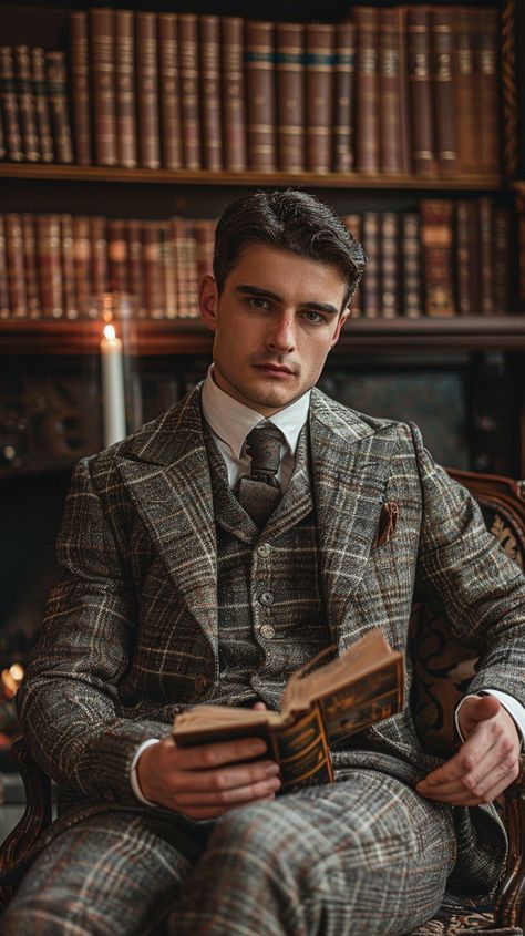 Classic Reading Moment: A dignified young man sits reading a book in a library filled with timeless elegance. #library #reading #elegance #man #suit #aiart #aiphoto #stockcake ⬇️ Download and 📝 Prompt 👉 https://ayr.app/l/XbKg Library Photoshoot Ideas Men, Man Holding Book, Library Pics, Library Photoshoot, Dr Ratio, Library Reading, Man Suit, Graduation Photoshoot, Professional Portrait