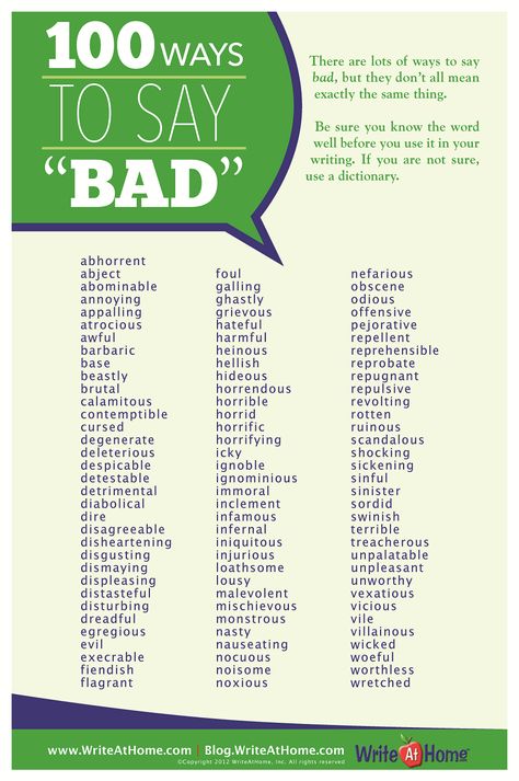 100 Ways to Say "Bad" Poster – WriteAtHome Posters Other Ways To Say, Words To Use, English Writing, Writing Resources, Teaching Writing, Writing Words, Writing Advice, Story Writing, Writing Tools