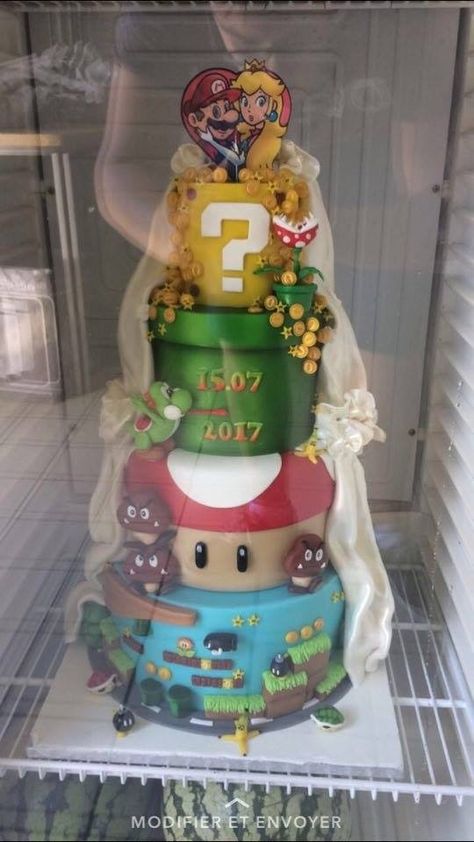 Video Game Wedding Cake, Mario Themed Wedding, Mario Wedding Cake, Gamer Wedding Cake, Mario Wedding, Universe Check, Video Game Wedding, Gamer Wedding, Galaxy Wedding