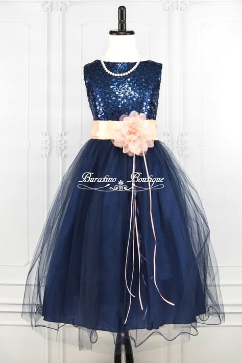 NAVY BLUE Sequin Flower Girl Dress Peach Sash by BURATINOBOUTIQUE Red Flower Girl, Sequin Flower Girl Dress, Dresses Silver, Sequin Flower, Bridesmaid Colors, Dusty Rose Dress, Dress Dusty, Bridesmaid Flowers, Junior Bridesmaid