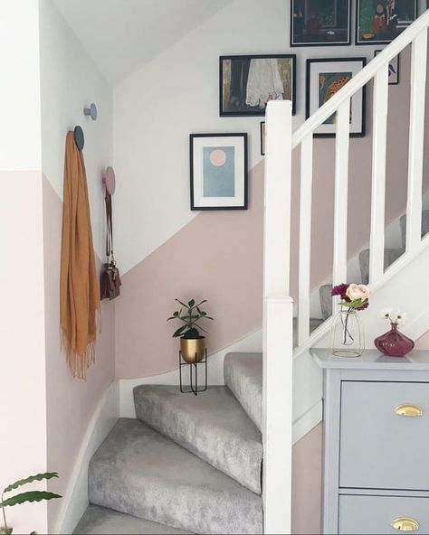 Small Staircase with Half Painted Wall and Black Picture Frames Hallway Wall Colors, Stairs And Hallway Ideas, Stair Wall Decor, Stairway Walls, Half Painted Walls, Stair Walls, Gallery Wall Staircase, Small Staircase, Staircase Wall Decor