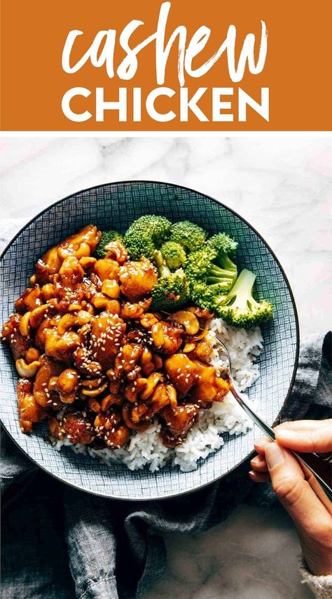 Saucy, sticky, crispy, sweet and savory Cashew Chicken! Just like your favorite takeout, but made easy at home. Served with steamy rice and broccoli. #cashewchicken #takeout #spicy Rice And Broccoli, Cashew Chicken Recipe, Spicy Cashews, Pinch Of Yum, Cashew Cheese, Cashew Chicken, Chicken Bites, Sweet And Savory, Asian Dishes