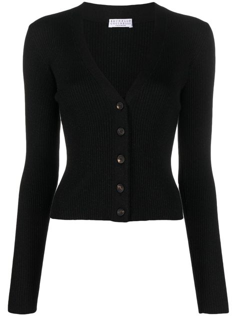 black cashmere-silk blend metallic effect ribbed knit V-neck long sleeves front button fastening straight hem Tight Cardigan Outfit, Twilight Outfits, Fancy Tops, Rib Knit Cardigan, Causal Outfits, Fitted Cardigan, Black Knit Sweater, Cardigan Outfits, V Neck Cardigan