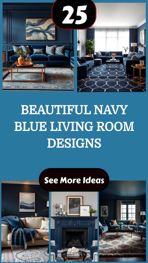 Navy blue living room designs with elegant furnishings and decor. Navy Blue And Copper Living Room, Blue Living Room Aesthetic, Blue And Copper Living Room, Blue Living Room Designs, Navy Blue Living Room Ideas, Navy Living Room Ideas, Navy Blue Living Room Decor, Blue Living Room Decor Ideas, Navy Sofa Living Room