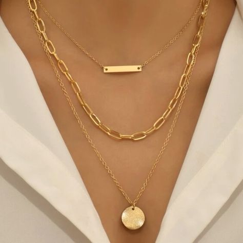 Anthropologie Triple Layered Hammered Charm, Bar & Paperclip Gold Necklace 15-17” 63-7 Link Necklace Jewelry, 3 Necklace Stack, In Style Jewelry, Layered Diamond Necklaces, Layered Chains Gold, Paper Clip Necklace Layering, Paperclip Necklace Layering, Mixed Metal Necklace Stack, Necklace Layering Ideas Gold