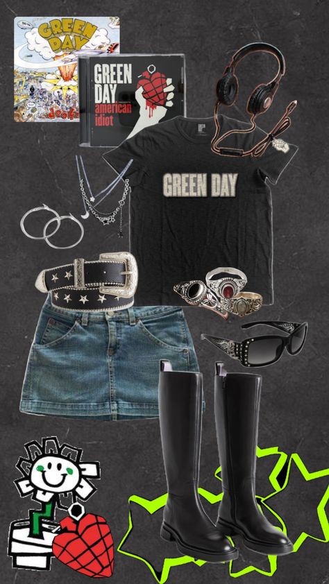 Black And Green Concert Outfit, Green Day Shirt Outfit, Green Day Inspired Outfits, Green Day Concert Outfit Ideas, Greenday Concert Outfits, Greyday Outfits, Grey Day Concert Outfit, Green Day Concert Outfit, Concert Outfits Rock