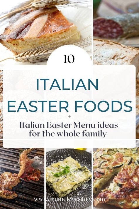 photo collage of several Italian Easter dishes (pastiera, corallina, lamb, lasagna, frittata) with text: 10 Italian Easter foods + Italian Easter Menu ideas for the whole family Easter Meat Pie Italian, Pizzagaina Recipe Easter Traditions, Italian Easter Side Dishes, Sicilian Easter Recipes, Italian Easter Dinner Menu Ideas, Easter Pie Italian, Italian Easter Dinner, Easter Dinner Menu Ideas, Easter Lunch Menu