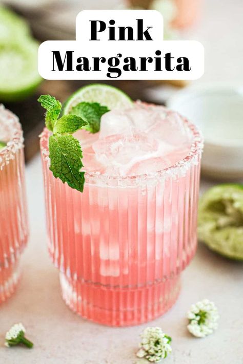 Pink margarita in a glass with a salted rim and mint for garnish. Pink Margarita Recipe, Cadillac Margarita Recipe, Galentines Cocktails, Cadillac Margarita, Pink Margarita, Light Sandwiches, Easy Margarita Recipe, Pitcher Cocktails, Easy Margarita