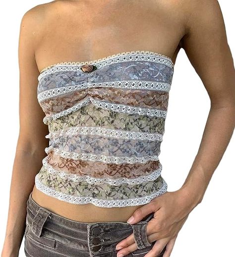 NZNDSHD Women Summer Y2k Sleeveless Tube Tops Off-Shoulder Backless Crop Bandeau Tops Sexy Strapless Vest Shirt Streetwear Crop Top Styles, Lace Tube Top, Goth Outfit, Slim Fit Crop Top, Fishnet Top, Bandeau Tops, Backless Crop Top, Stripe Outfits, Tube Tops