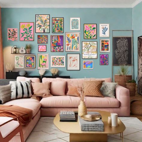 "Set of 20 gallery wall set, Retro floral Poster, colorful prints, floral art  prints, wavy leaves posters, eclectic botanical printable wall art, funny wall decor,  Maximalist multicolor wall art. Pink Magenta Red Green Violet Yellow Orange gallery wall prints. Bold wall decor. Wall art is an affordable and easy way to refresh and upgrade the room decor of your space. Wall art trends, be it for your living room, foyer, bedroom, office, dining room, nursery or kitchen. You will find your perfect match here and choose the best piece to grace your space! AN AMAZING GIFT for housewarmings, birthdays, Christmas, holidays, anniversaries and any occasion. Makes a perfect housewarming gift for a newly occupied dorm room or a new apartment. ♡ PLEASE NOTE This frame is for INSTANT DOWNLOAD Your fil Wall Art Eclectic, Art Eclectic, Funny Wall Decor, Maximalist Wall, Maximalist Wall Art, Eclectic Wall Art, Vibrant Wall Art, Prints Abstract, Gallery Wall Prints