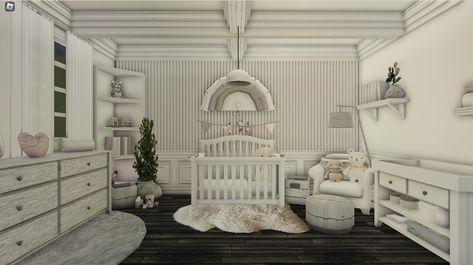 Nursery Room Ideas Bloxburg, Baby Room Design Bloxburg, Baby Room In Bloxburg, Bloxburg Window Id Codes, Bloxburg Nursery Ideas Aesthetic, Blocksberg House Ideas, Bloxburg Dresser Ideas, Bloxburg Farmhouse Bedroom, Toddler Bedroom Bloxburg