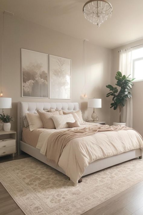 Bedroom Decor Cream Bed, Soft Boho Bedroom, Beige And Cream Bedroom, Nashville Suburbs, Beige And White Room, Cream Room Bedroom, Brown And Beige Bedroom, White And Brown Bedroom Ideas, Beige Room Bedroom