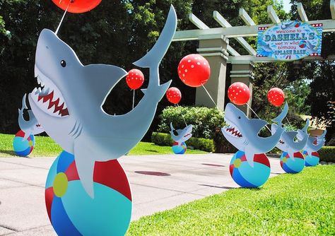 Wet n Wild Shark themed birthday party via Kara's Party Ideas KarasPartyIdeas.com Cake, printables, invitation, favors, cupcakes, supplies, and more! #sharkparty #sharkcake (19) Shark Party Ideas, Shark Themed Birthday, Shark Pool, Shark Birthday Invitations, Shark Themed Birthday Party, Shark Decor, Shark Birthday Party, Shark Party, Cardboard Cutouts