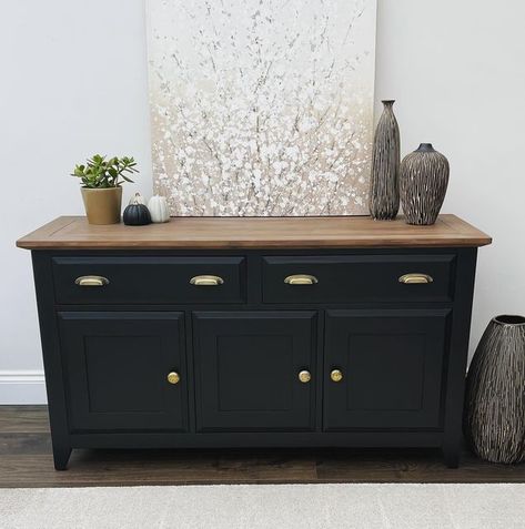 Upcycle Black Furniture, Black Wooden Furniture, Upcycled Buffet Sideboard, Upcycled Sideboard Ideas, Black Sideboard In Dining Room, Black And Wood Furniture, Refurbished Sideboard, Buffet Upcycle, Refinished Sideboard