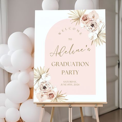 Pink Boho Floral Class of 2024 Graduation Party Welcome Sign | Custom Personalized High School or college Graduation Party Decorations Add a touch of elegance to their special day with our custom designed welcome signs, available in multiple finishes and material types: acrylic, metal, wood, framed museum-quality prints, or Foam board. All of our designs are made to order and fully customizable; created to match the style, decor and ambiance of your unique event.  Need a different color or font? Pink And Gold Grad Party, Graduation Party Welcome Sign, Graduation Welcome Sign, Graduation Party Inspiration, Pink Graduation Party, College Graduation Party Decorations, Floral Graduation Party, Graduation Poster, Graduation Yard Signs